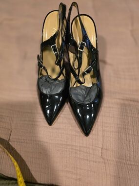 Patent Black Pointed-Toe Slingback Heels with Buckle Straps